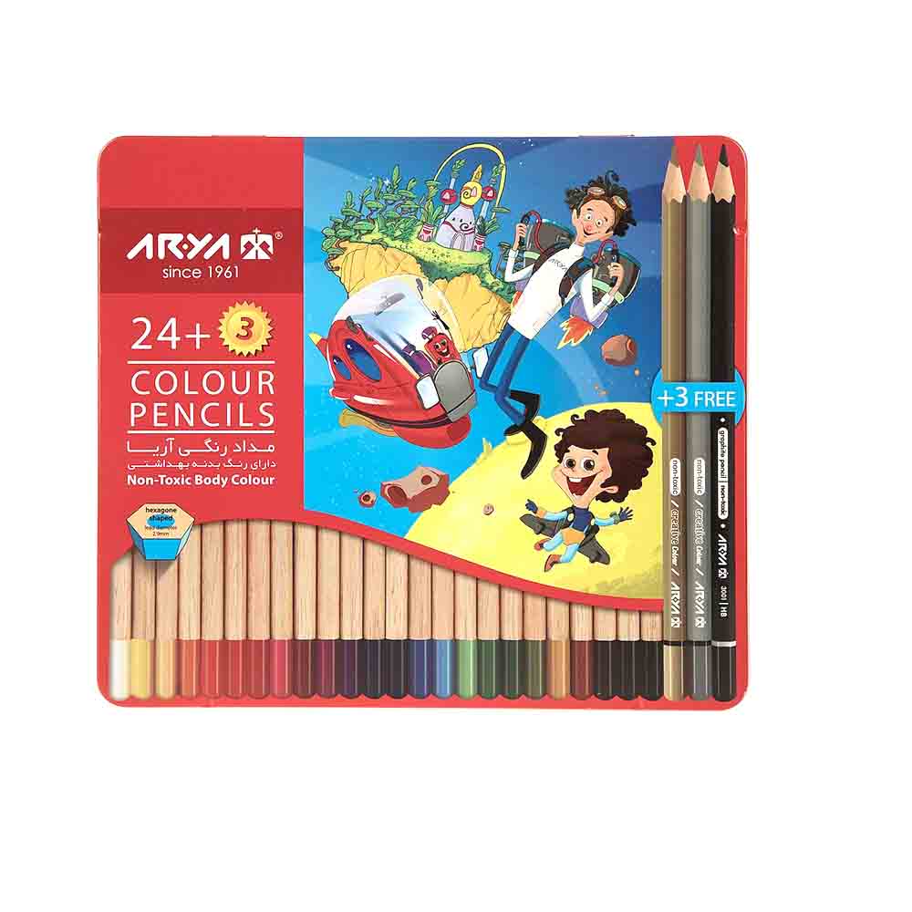 مداد رنگی 3+24 جعبه فلزی آریا
